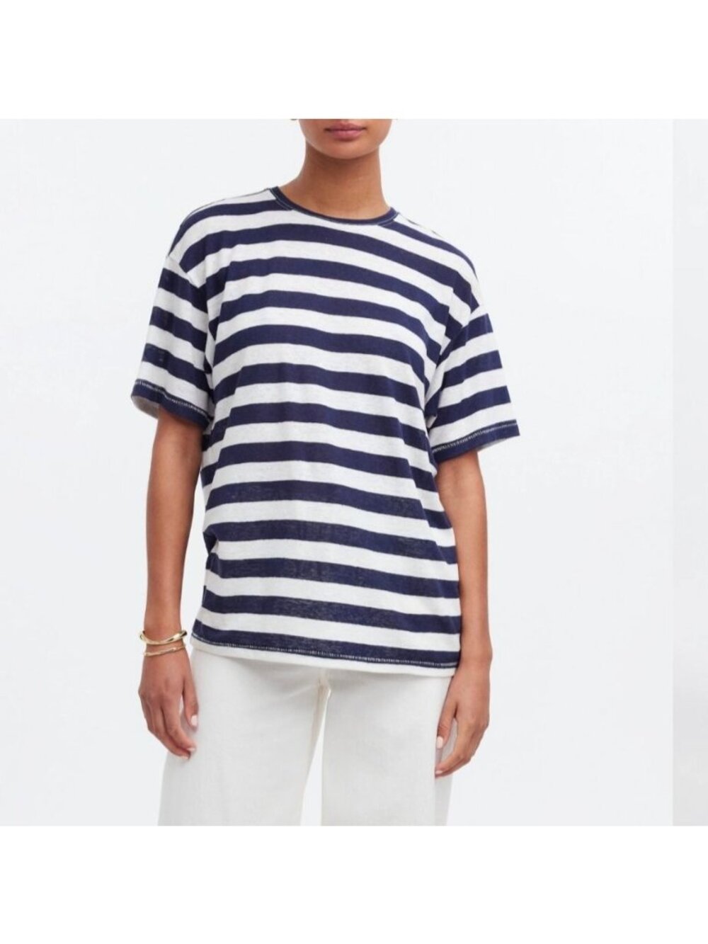 Madewell Striped Linen-Blend Crewneck Oversized Tee XS Navy/White NWT